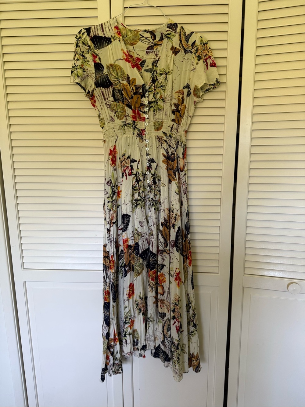 Floral Button-Front Midi Dress in Cream with Green and Brown Accents
